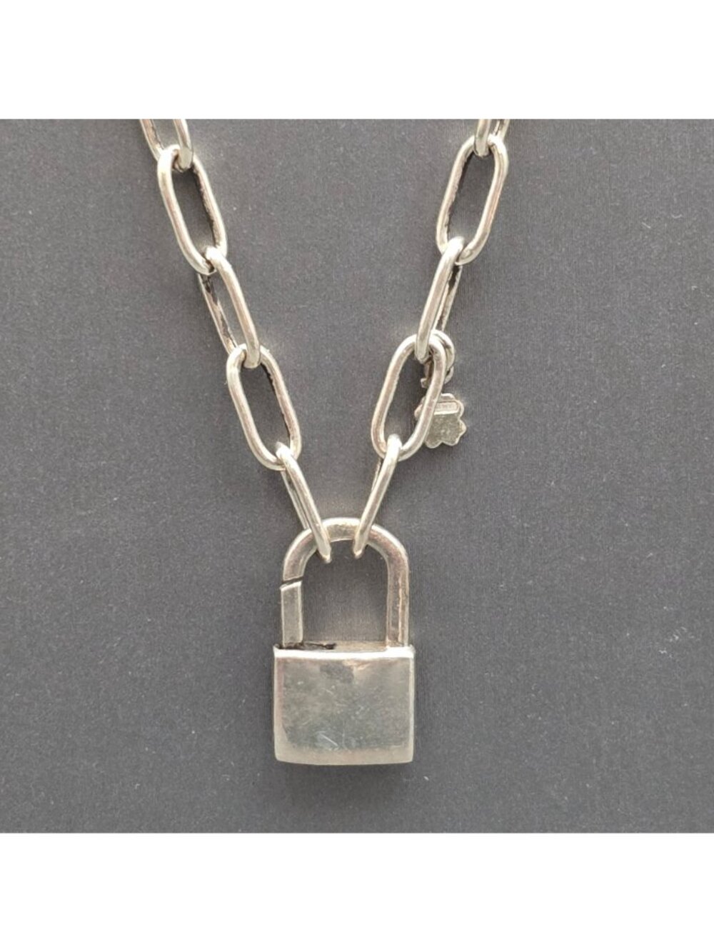 Italian Sterling Silver Padlock Paperclip Chain Statement Necklace 17" - Picture 3 of 13